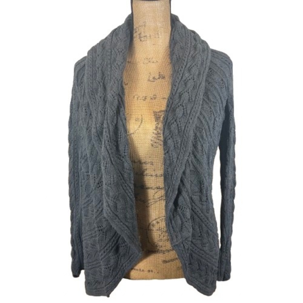 Cabi 720 Circle Cardigan Gray Cable Knit Cotton Shawl Collar Slim Fit Large